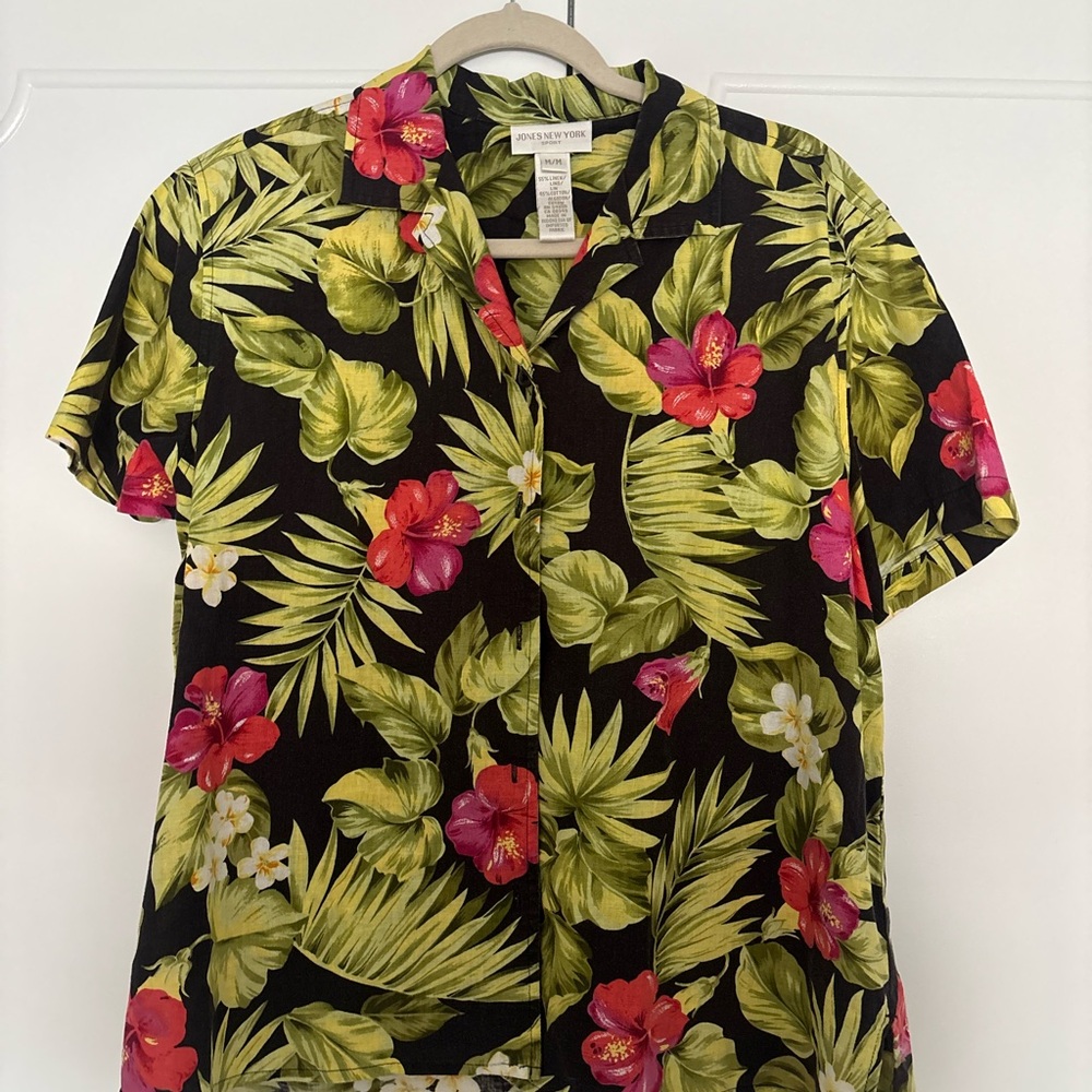 Jones New York Black Hawaiian Shirt with Green Leaves and Red Flowers